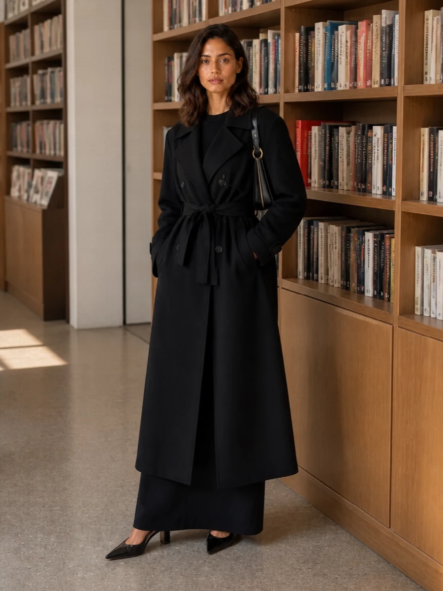 I am building this around the dress path, because the trench wants one strong, uninterrupted base rather than competing tailoring layers. The Darkpark black maxi extends the coat’s long, minimal line, while Chloé slingbacks and a sculpted Paco Rabanne shoulder bag add precise, evening-appropriate sharpness. The result is a quietly powerful all-black column that reads city dinner or gallery night rather than office suiting.