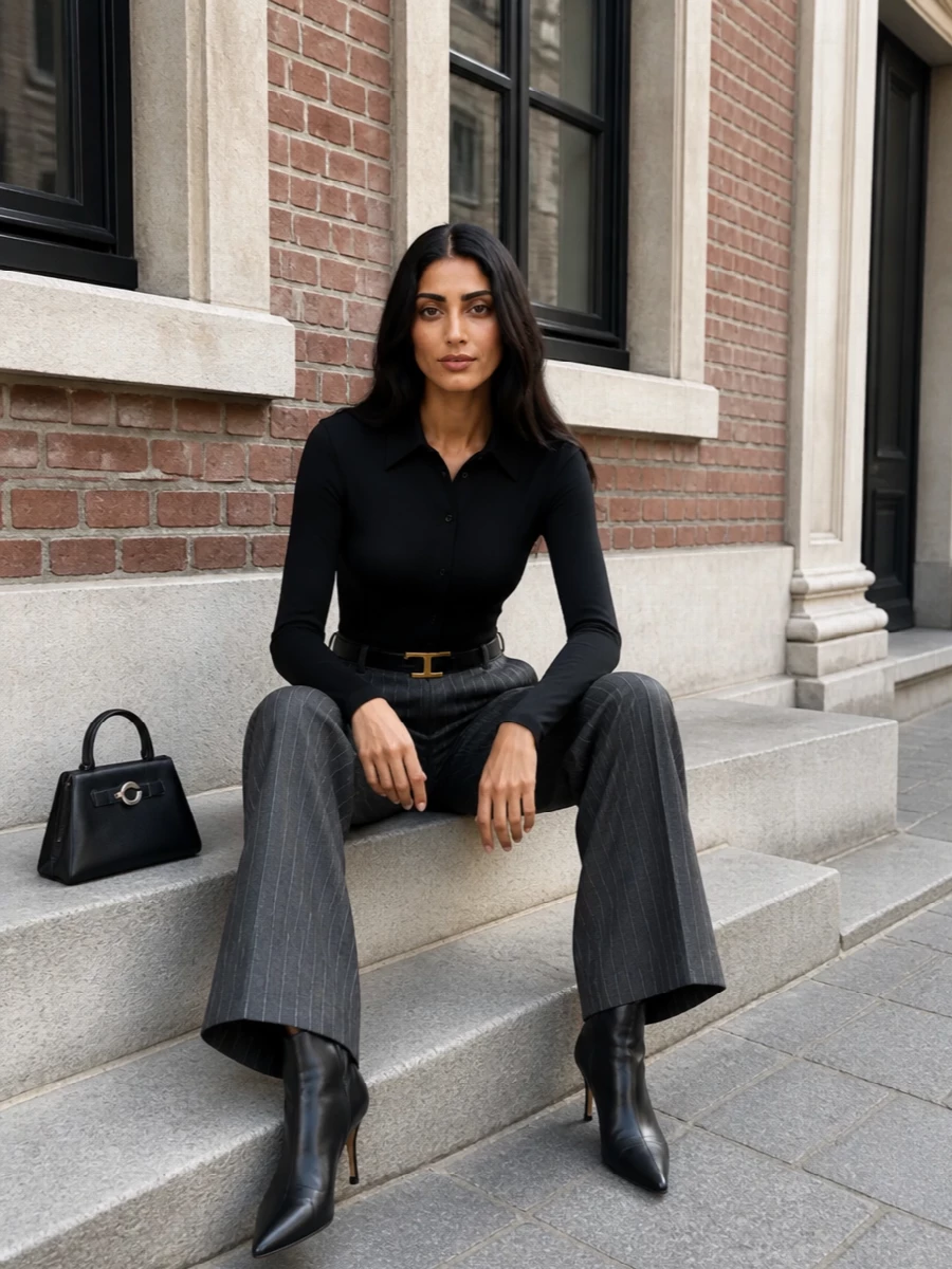 Pinstripe wide leg suiting black bodysuit