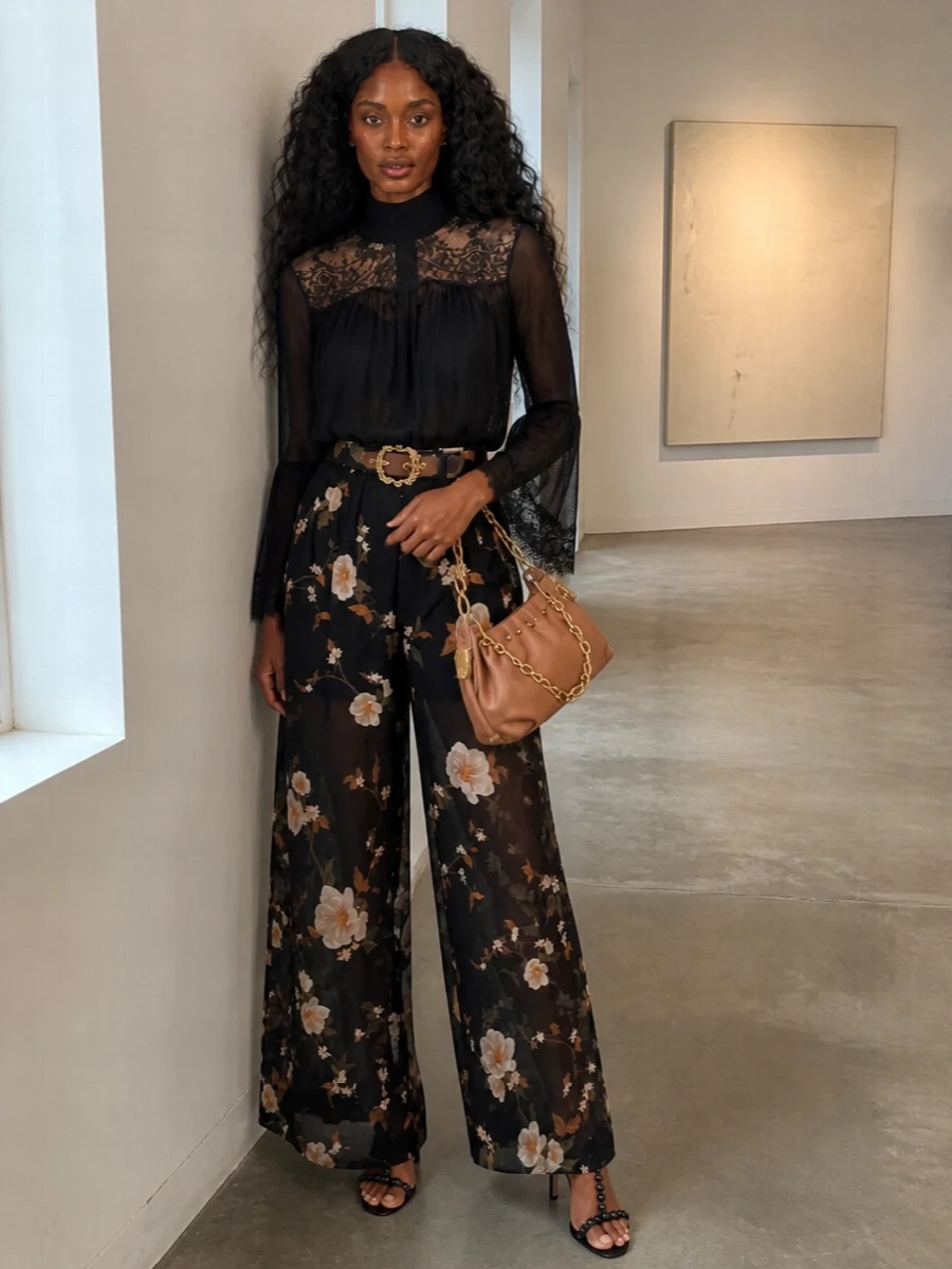 A darkly romantic evening ensemble built around ethereal, sheer florals. The high-neck lace blouse and wide-leg pant read as a fluid column, then the strappy stiletto and rose-tan mini bag keep it polished and modern. A sculptural chocolate belt adds just enough definition and gold detail without disturbing the soft movement.