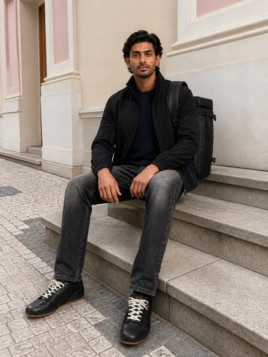Diesel’s track-inspired jacket sits over a navy crew and washed black denim for a tight, low-contrast palette that feels urban and unfussy. A paneled Axel Arigato trainer sharpens the base, while a structured North Face backpack leans the whole combination into city-ready, technical streetwear. It is an easy uniform for colder days that still reads considered from head to toe.