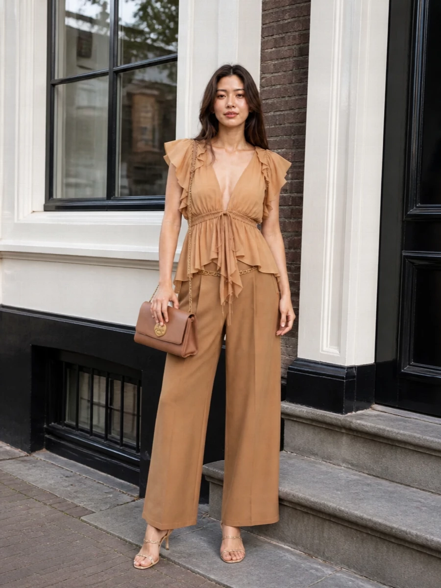 Chloe camel blouse wide leg trousers outfit