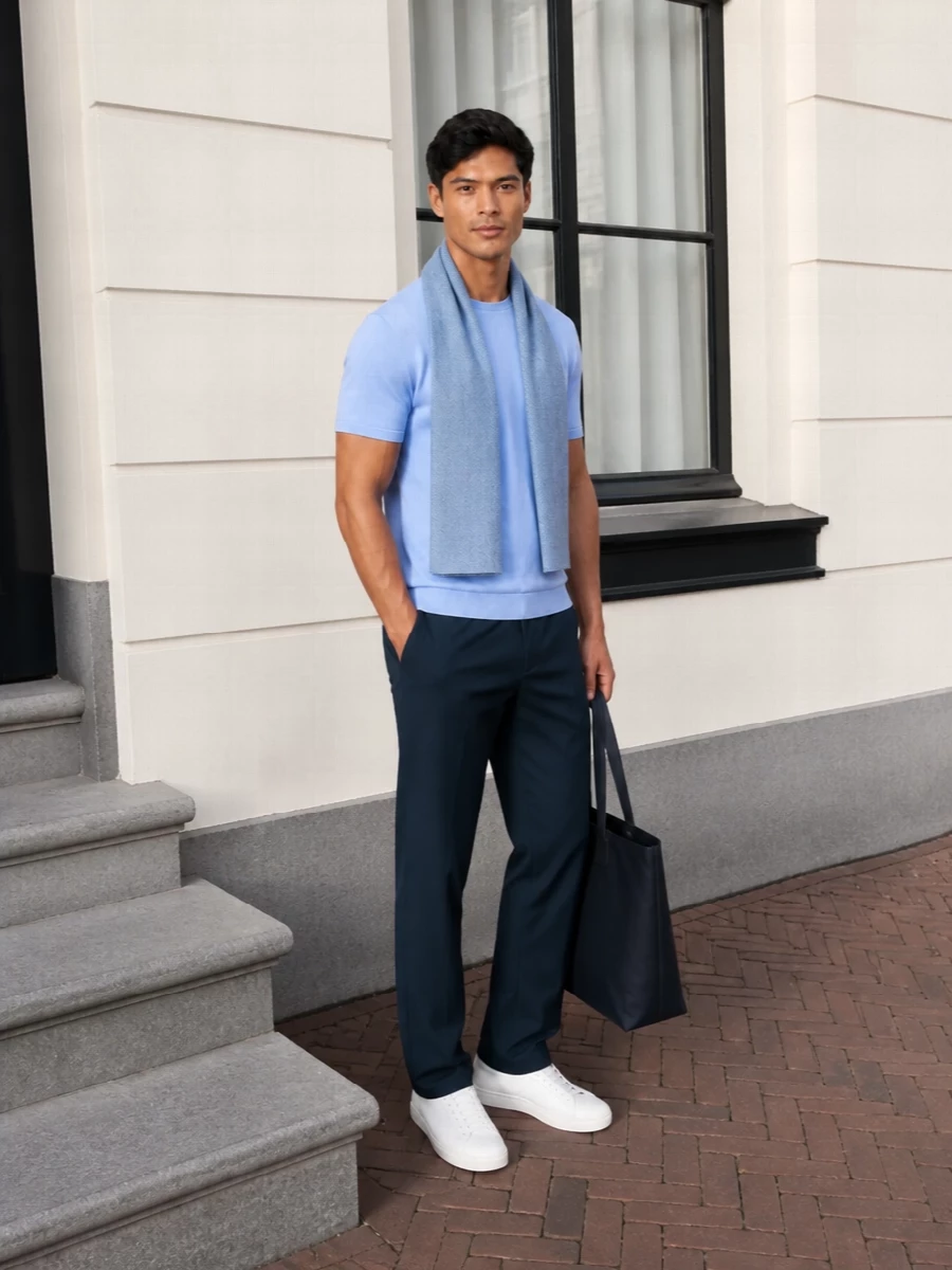 Calvin klein blue knit navy trousers white sneakers
