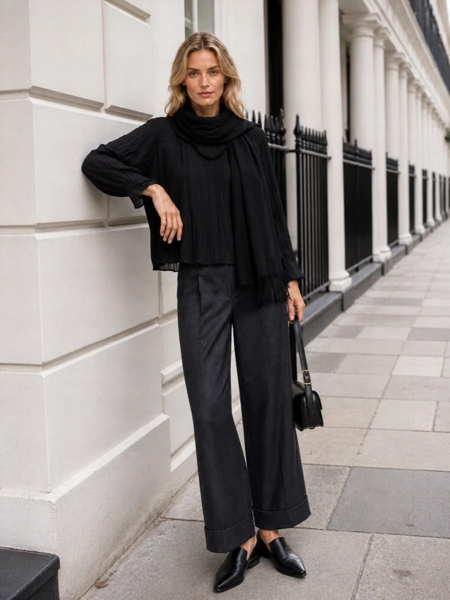 Junya watanabe blouse wide leg trousers outfit