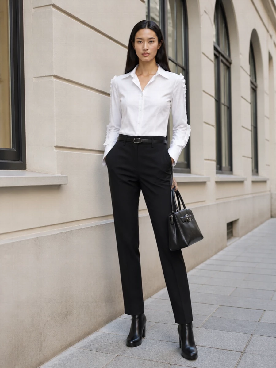 Coperni black trousers white cut out shirt