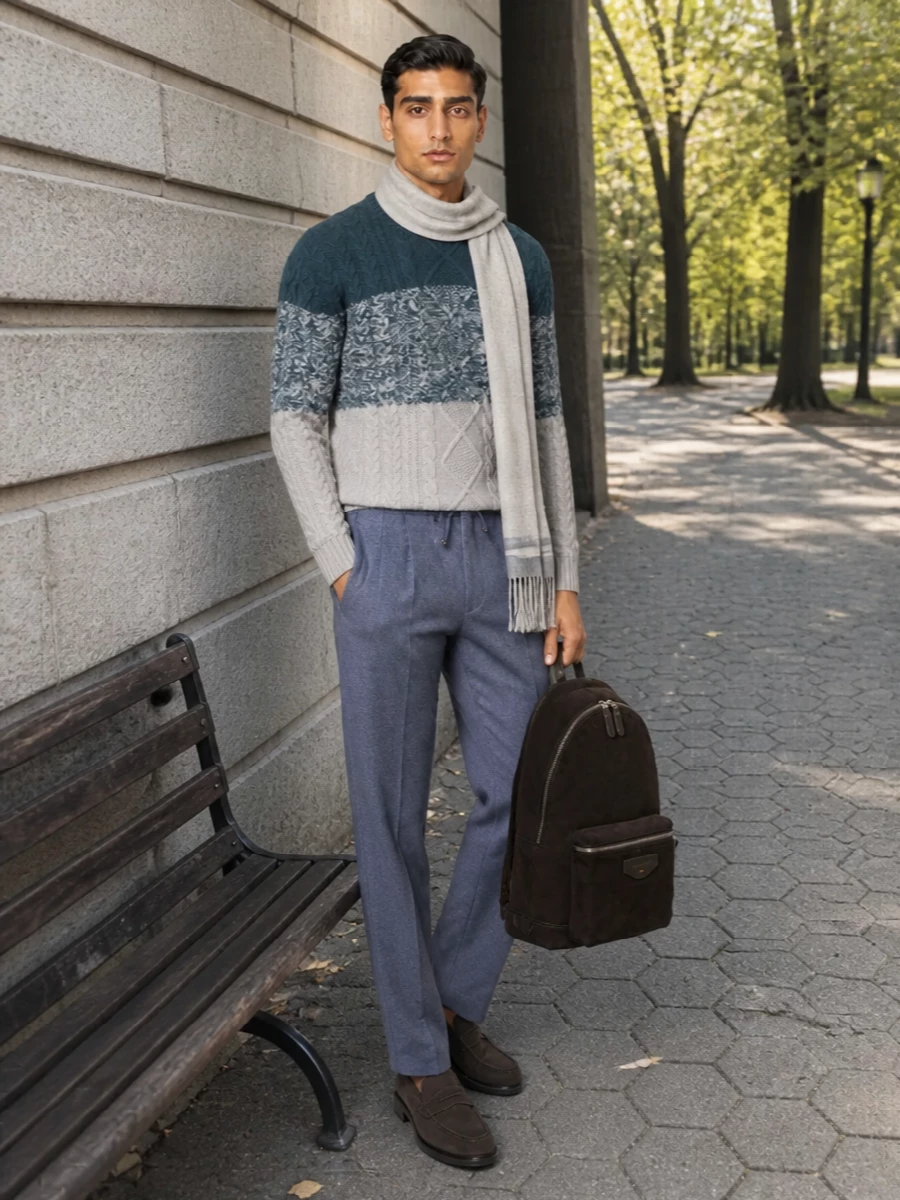 Kiton teal sweater slate trousers suede loafers