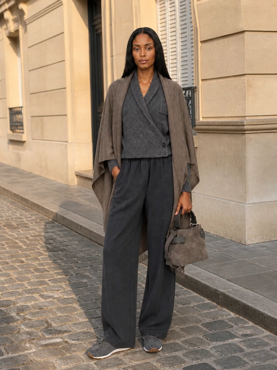 Brunello cucinelli grey cardigan wide leg trousers