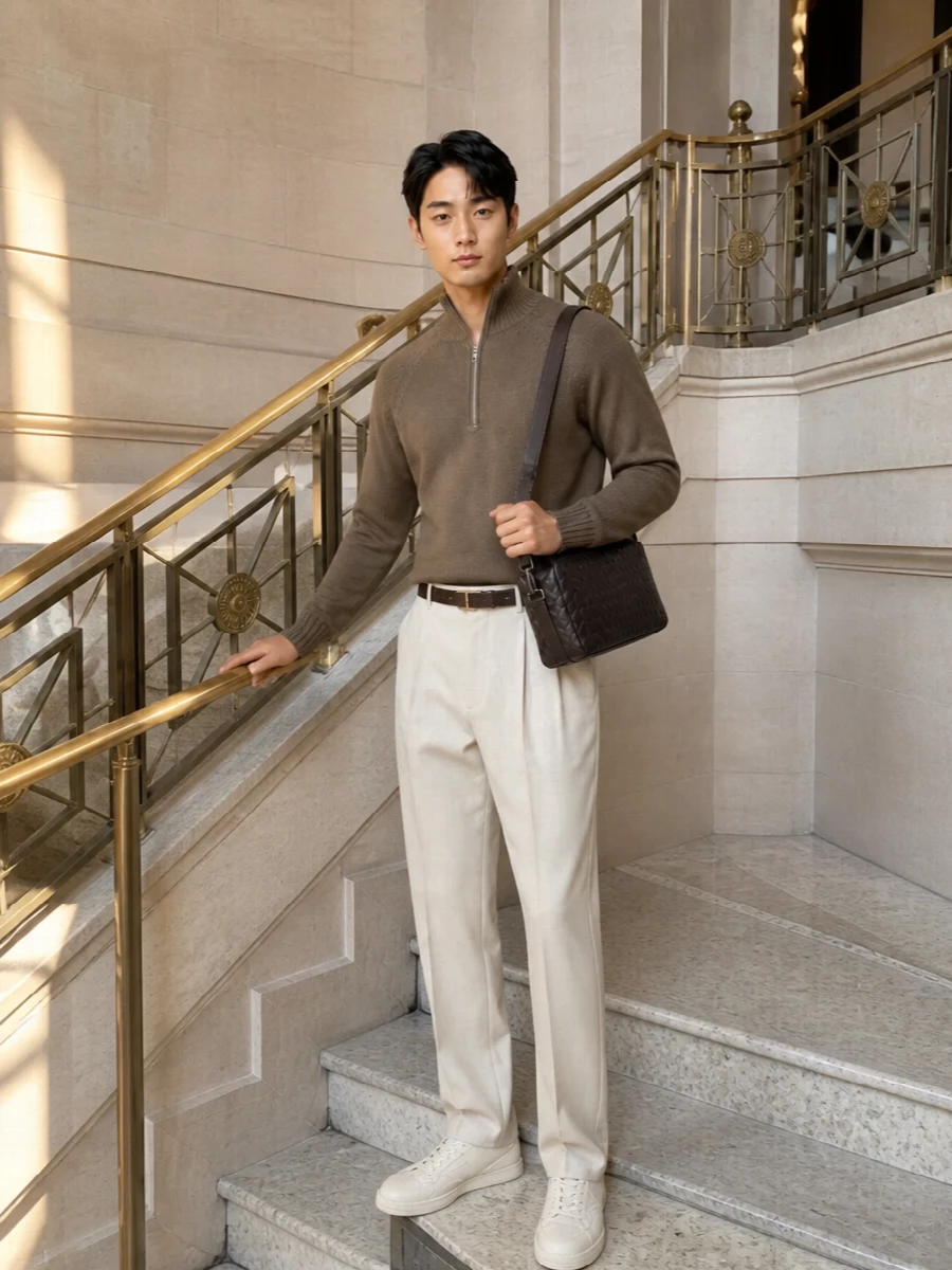 Tom ford taupe half zip beige trousers ivory sneakers