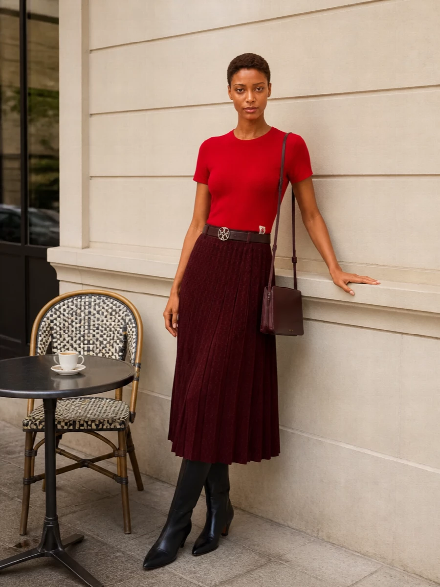 Bally red knit tee burgundy midi skirt outfit