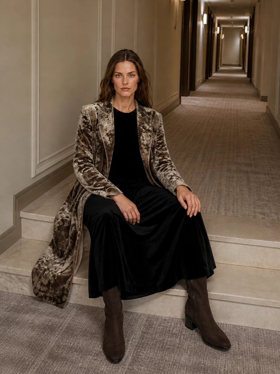 I’m building this around the dress path so the Uma Wang coat can read as the outer evening statement over a single, statuesque velvet column rather than competing tailoring layers. The black Ferretti maxi, grounded with dark chocolate The Row boots and a caramel suede Bottega clutch, keeps the palette moody and tonal while letting all the texture do the talking. It is quiet, cinematic winter glamour that feels luxurious without any obvious logos or fuss.