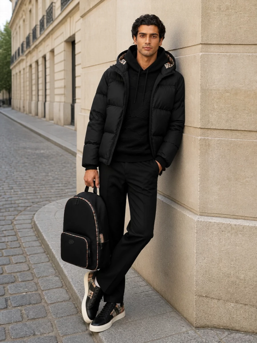 Burberry black puffer hoodie chinos sneakers