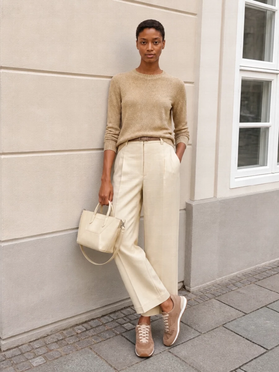 Brunello cucinelli metallic sweater cream wide trousers