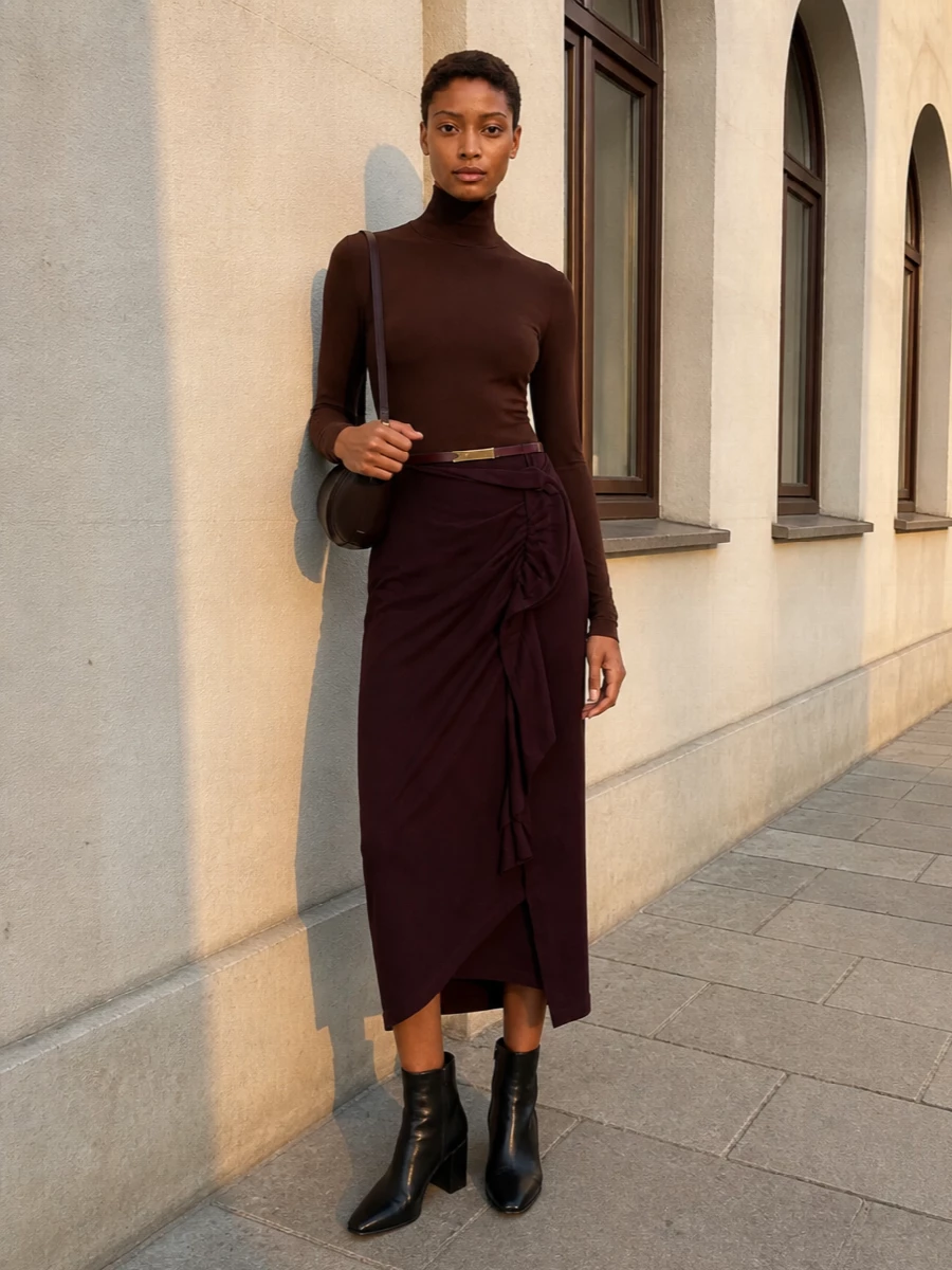Dries van noten plum midi skirt brown top outfit