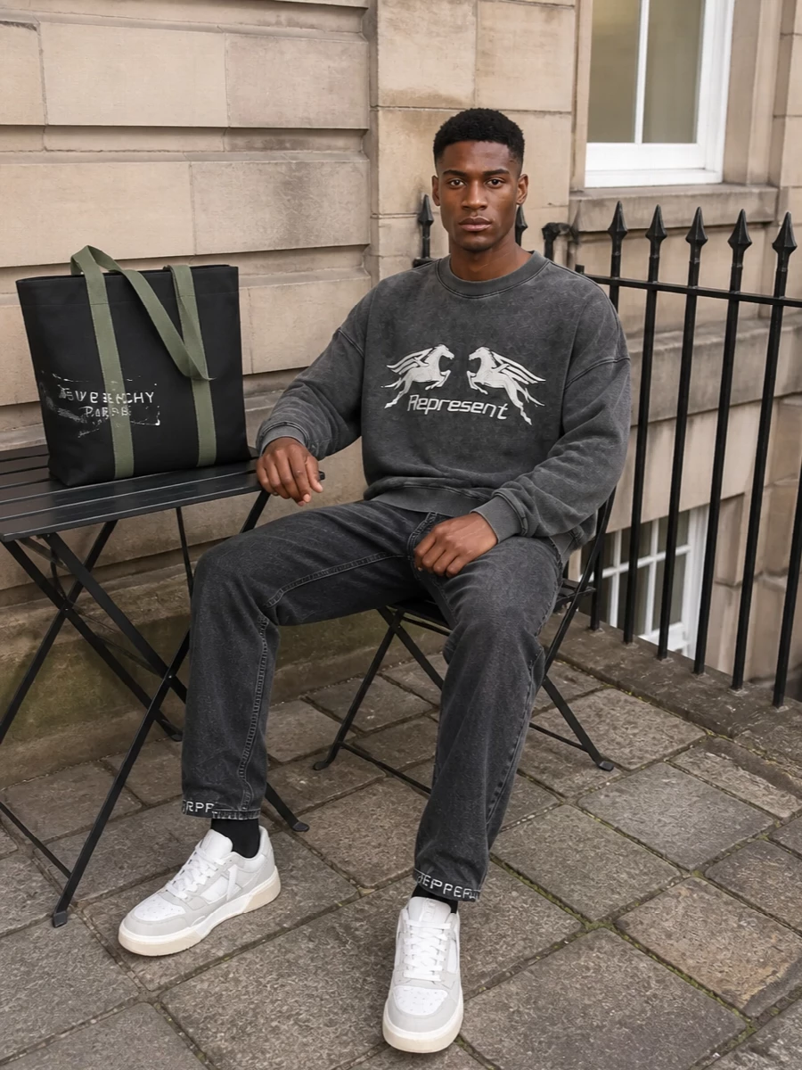 Represent pegasus sweatshirt black jeans outfit