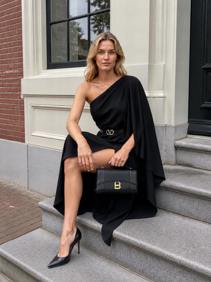 Balenciaga black one shoulder cocktail dress outfit