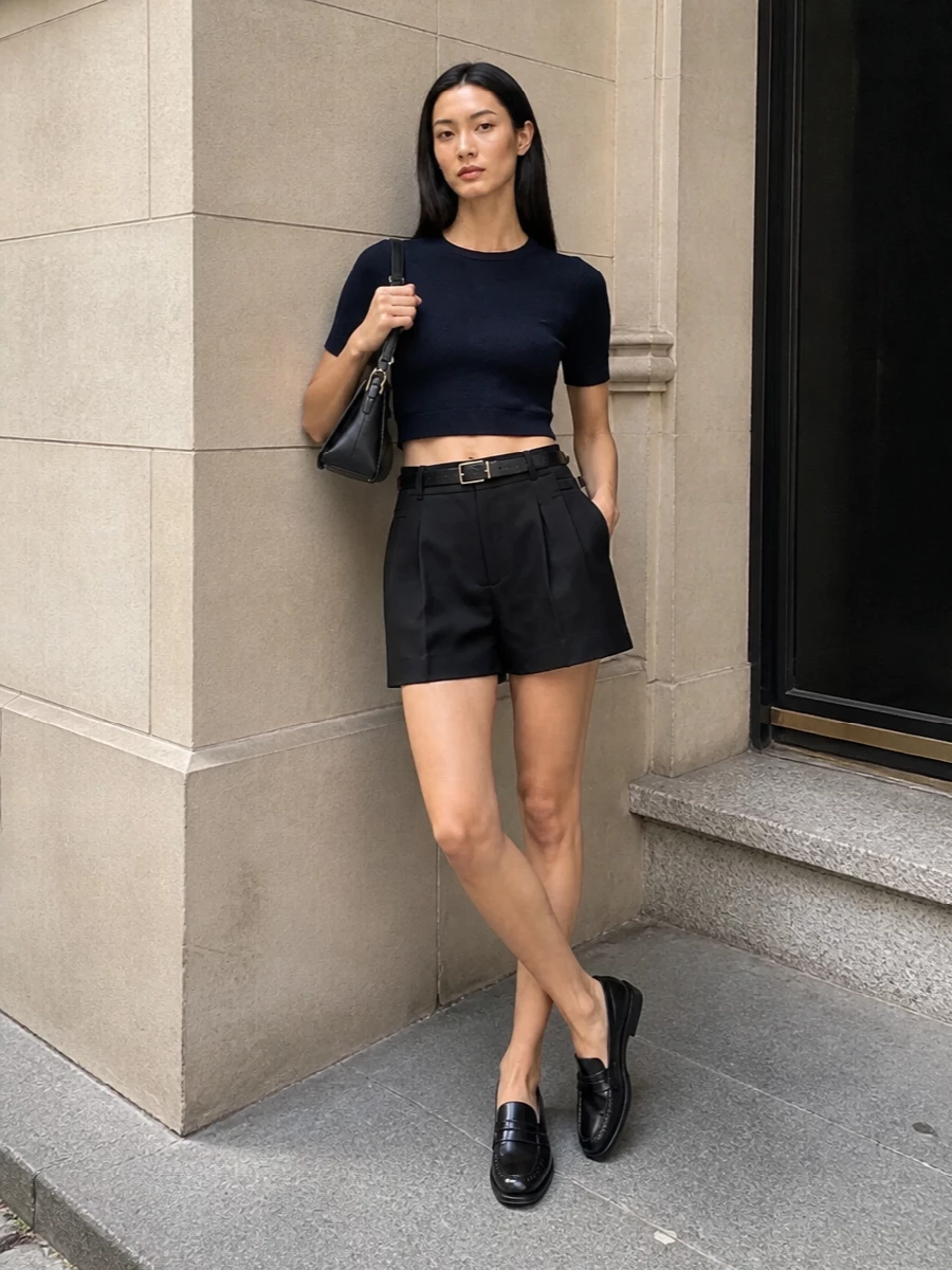 Prada pleated shorts cropped knit outfit