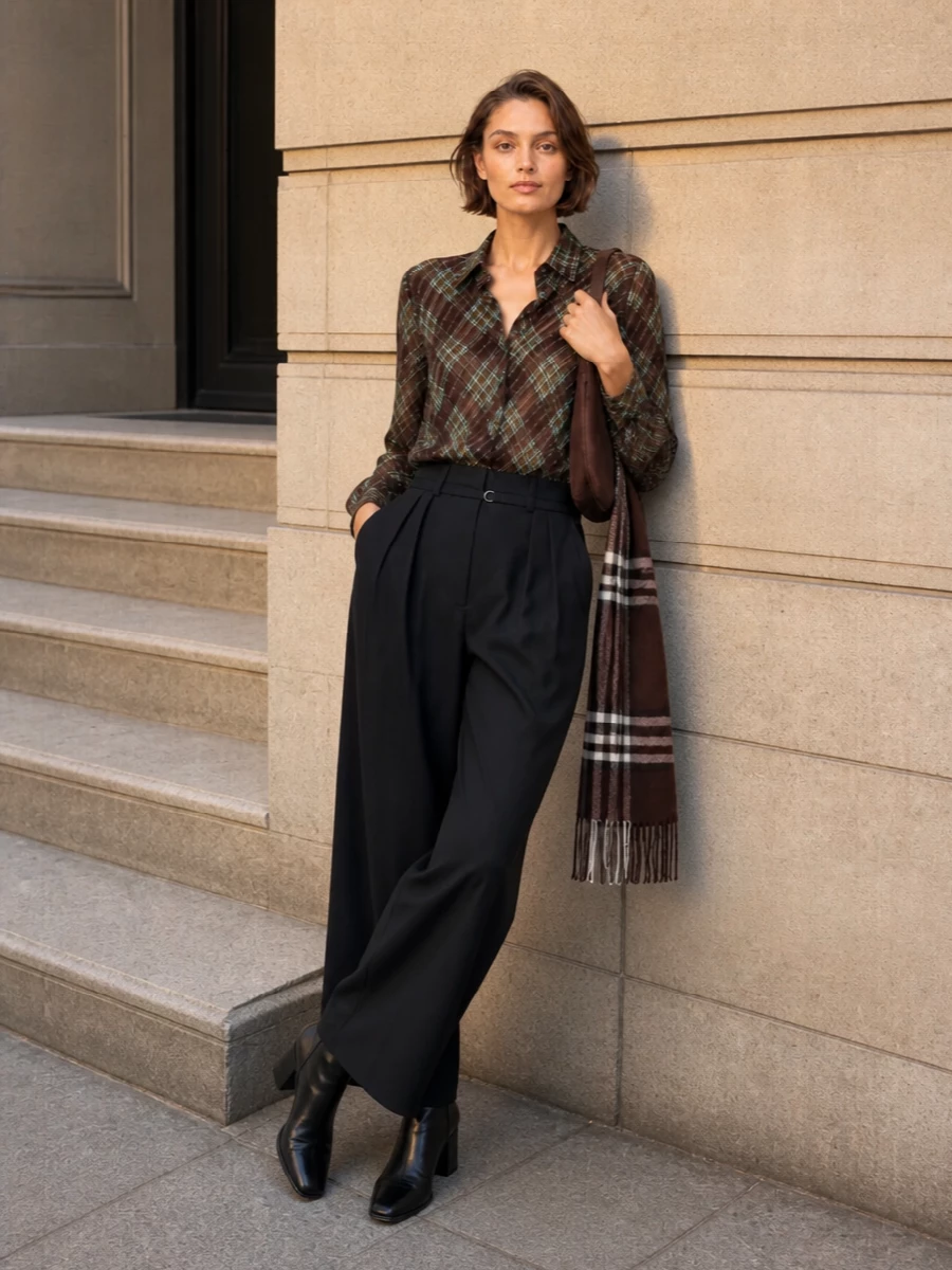 Dries van noten checked shirt black wide leg trousers