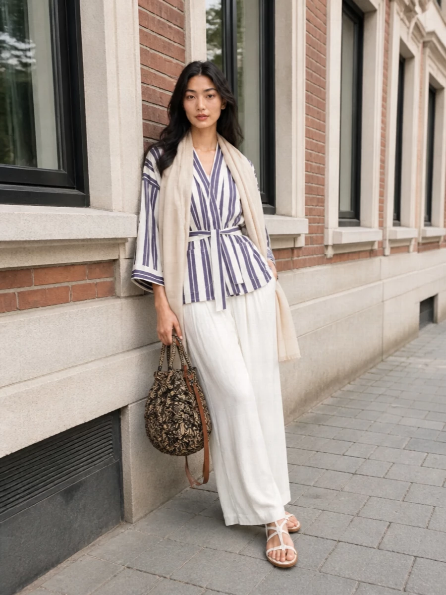 Striped Forte Forte tailoring meets fluid ivory trousers for a long, light column that feels deliberate yet relaxed. Flat white strappy sandals and a raffia tote keep the mood coastal and polished, while a sand-toned stole adds a soft, travel-ready layer. It is an easy summer uniform for terraces, galleries, and slow city afternoons.