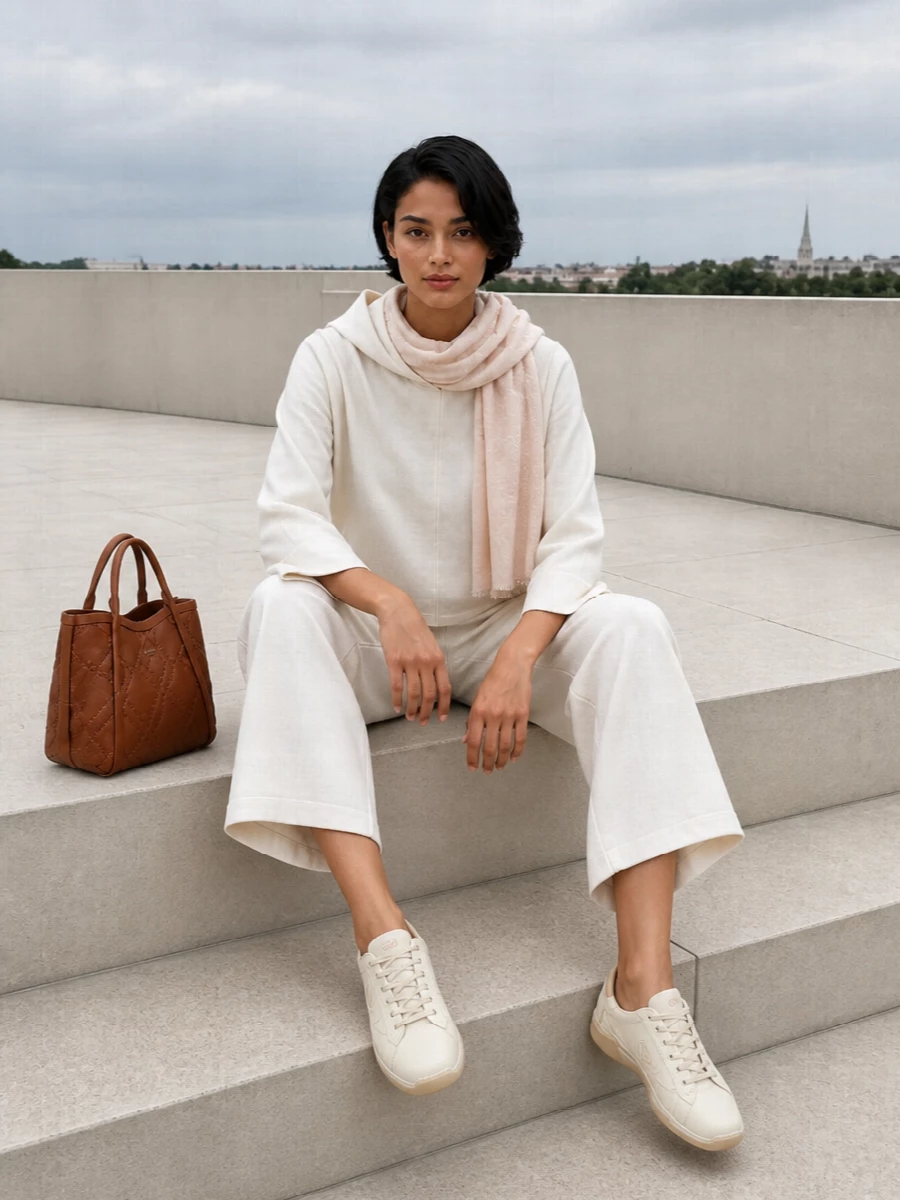 Prada cream sneakers ecru hoodie wide leg trousers