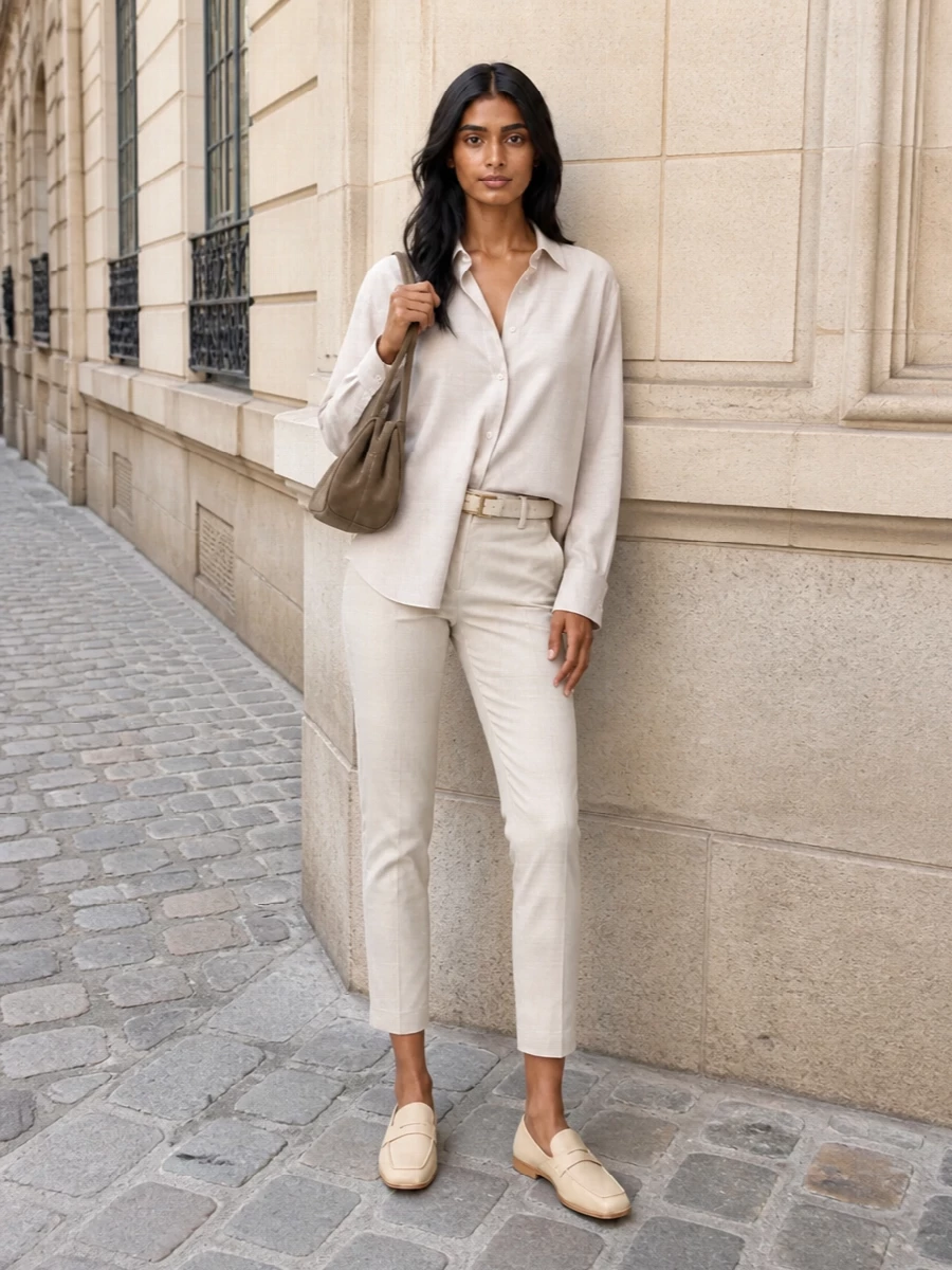 Dondup beige trousers the andamane shirt outfit