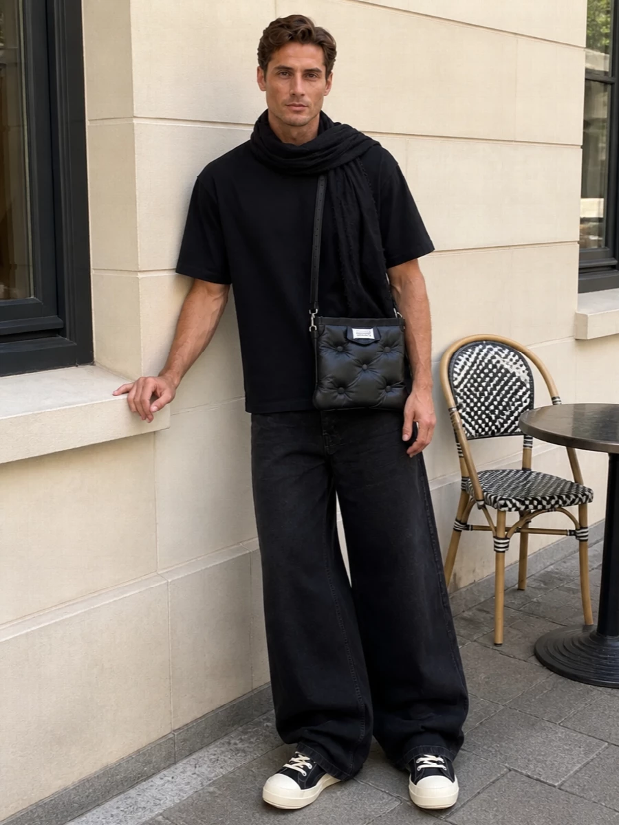 Rick owens wide leg jeans black high top sneakers