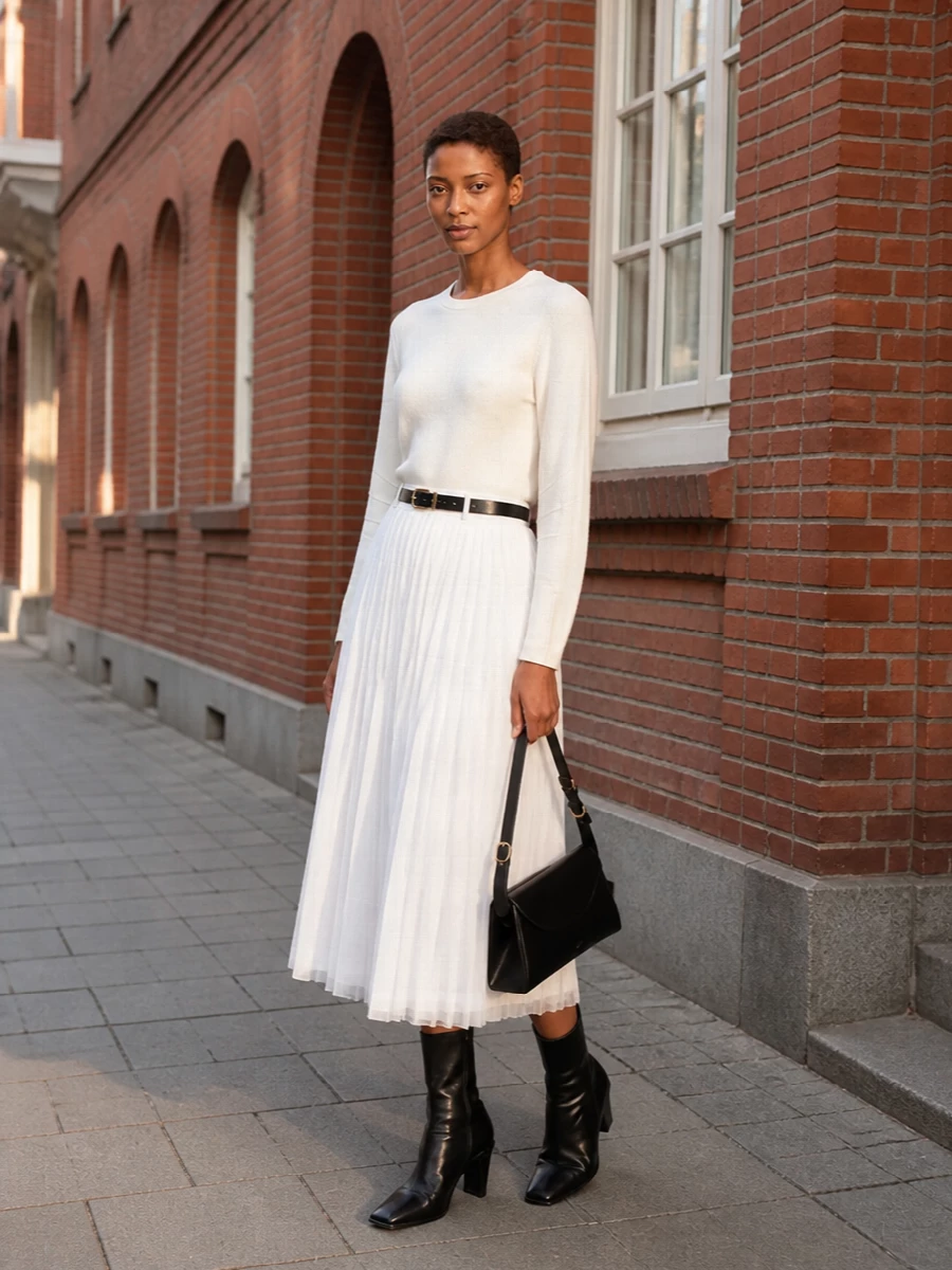 Soft white on white keeps the focus on proportion, with the sculpted Jil Sander blouse echoing the skirt’s architectural pleats rather than competing with them. Black ankle boots and a structured shoulder bag bring just enough contrast, while a slim belt at the high waist subtly carves the silhouette into something gallery-ready and precise. The result is a calm, modern uniform that moves easily from daytime appointments to understated dinners.