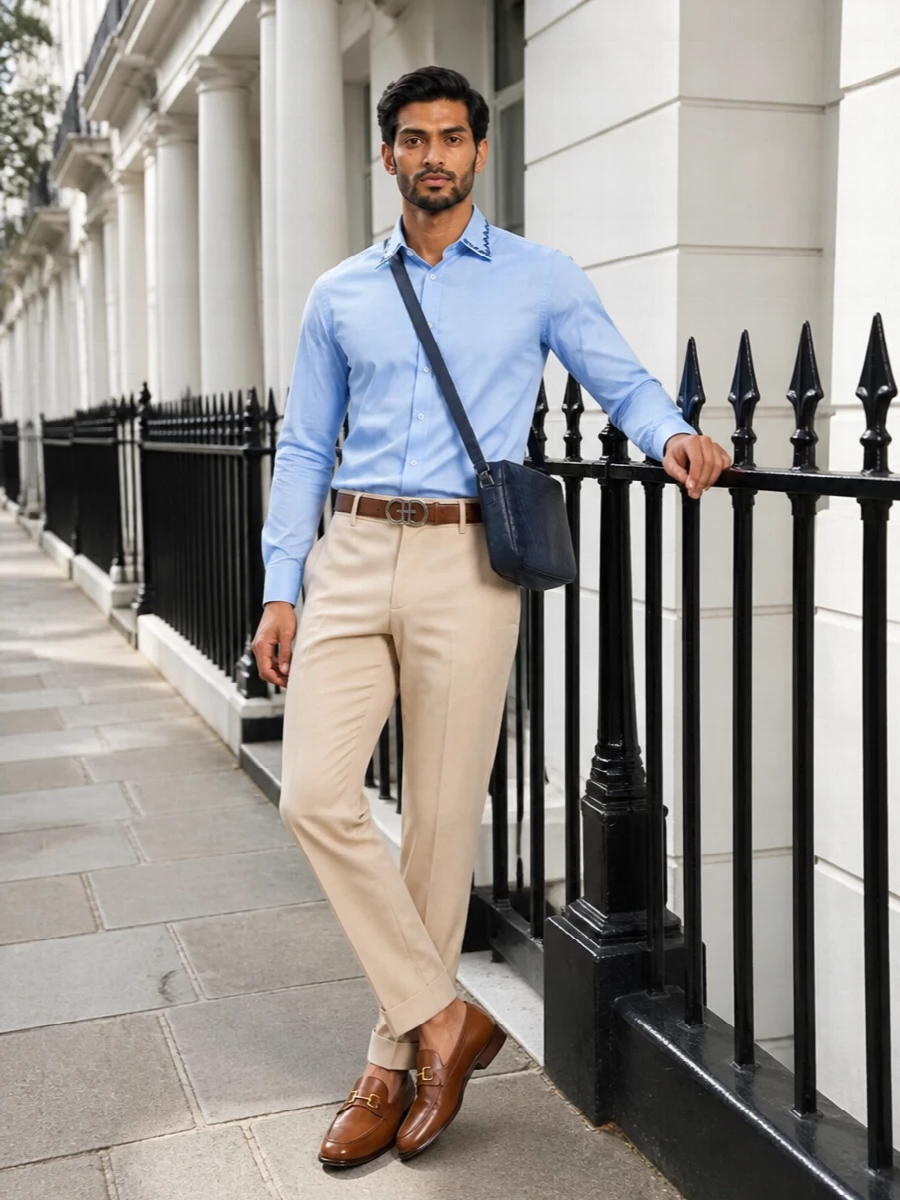 Valentino sky blue shirt beige tailored trousers