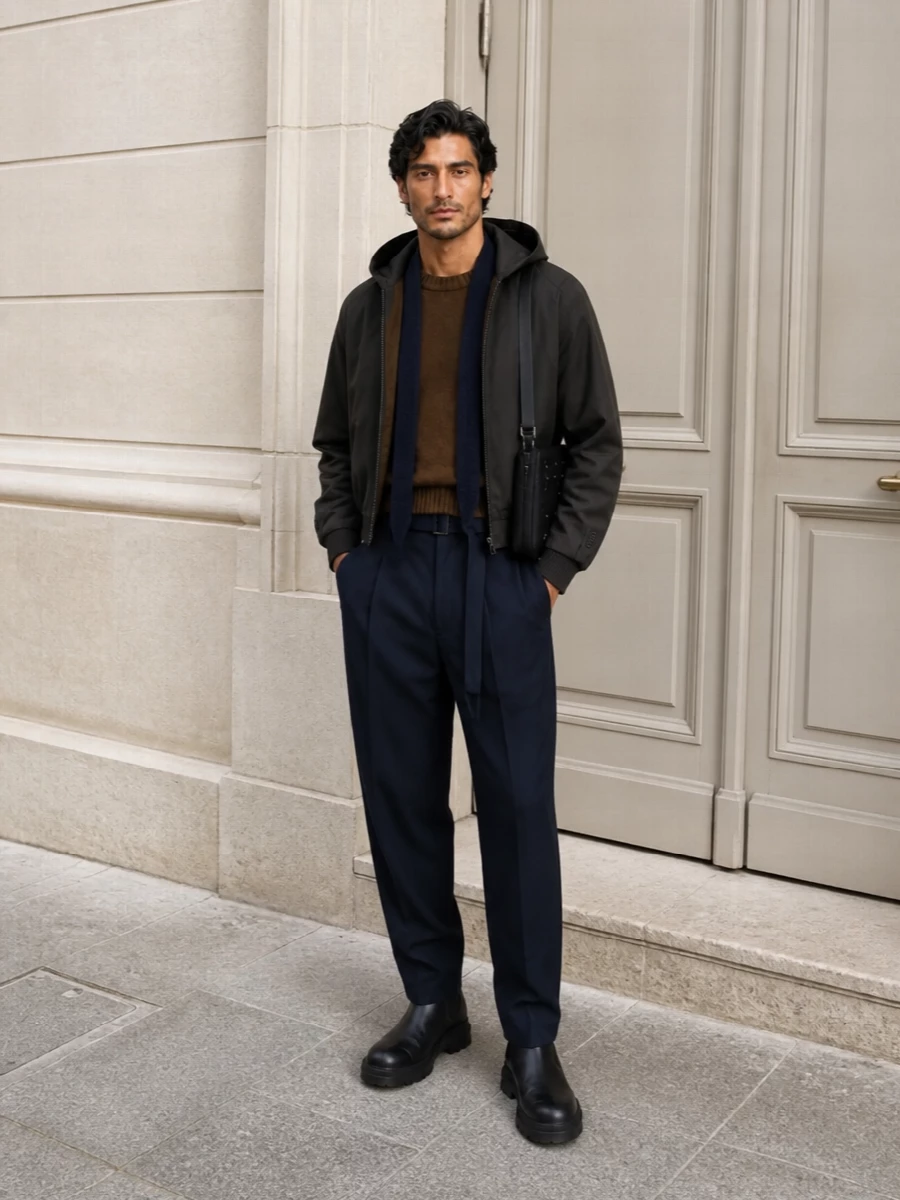 Sacai cropped jacket navy trousers chelsea boots