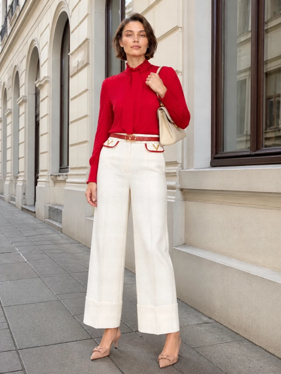 Valentino’s ivory wide-leg trouser meets its perfect partner in a saturated red blouse, creating a long, confident column that feels as considered at a client dinner as it does in a gallery restaurant. Nude slingback stilettos and a buttercream top-handle bag keep the palette soft around the statement red, letting the gold hardware and piping work as the only jewellery. Add the slim red belt if you want a more defined waist and an extra hit of house colour without disturbing the clean drape of the leg.