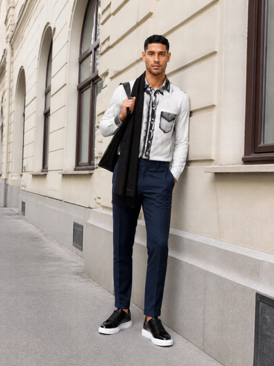 Paul smith monochrome shirt navy trouser mcqueen sneaker