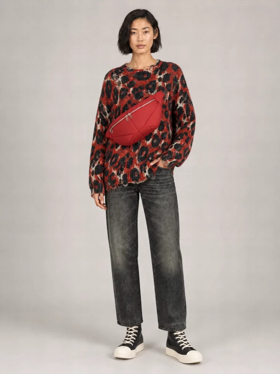 R13 Cotton Animal-Print Distressed Crew-Neck Long-Sleeve Sweatshirt