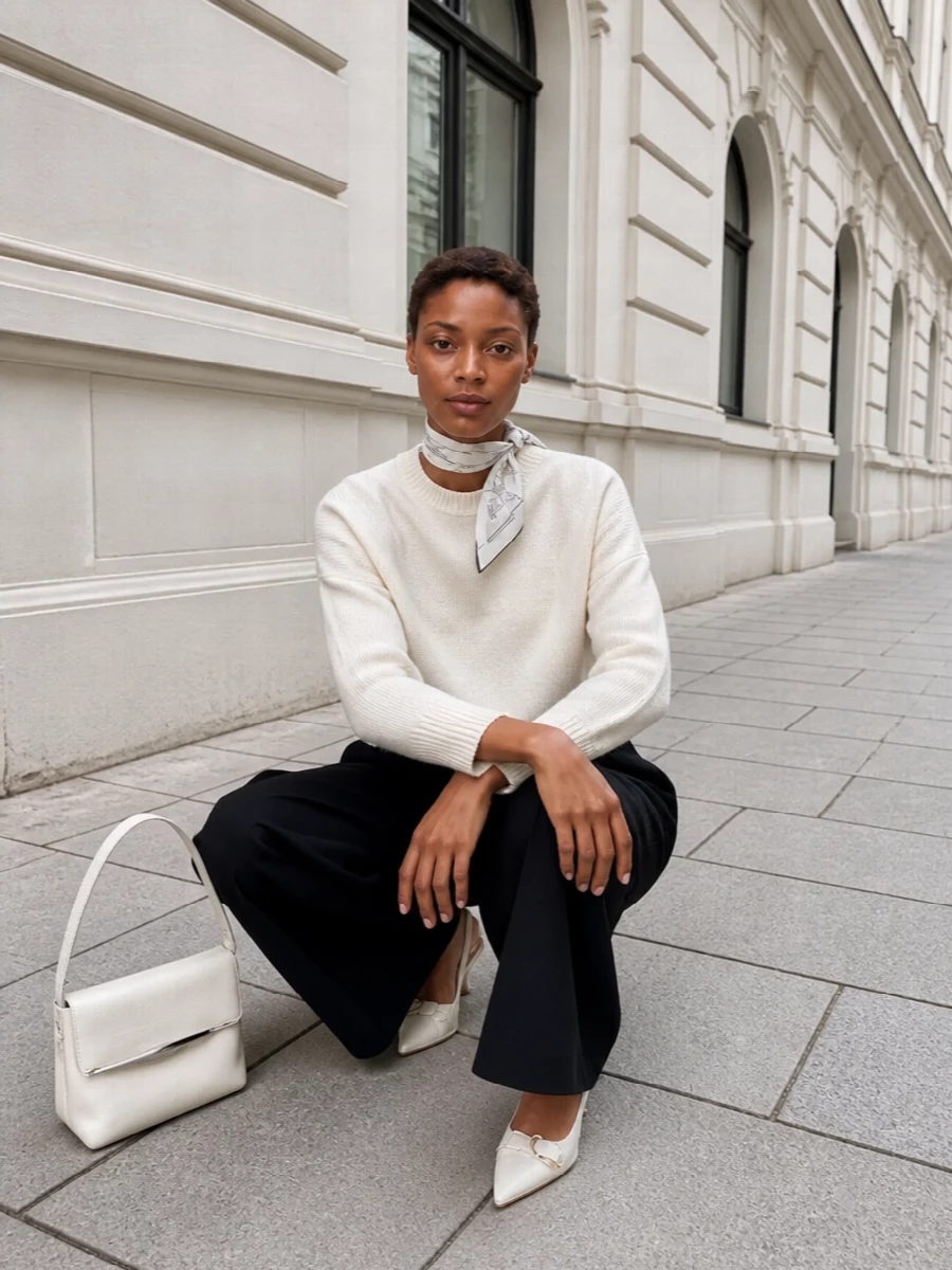 Givenchy ivory sweater black wide leg trousers