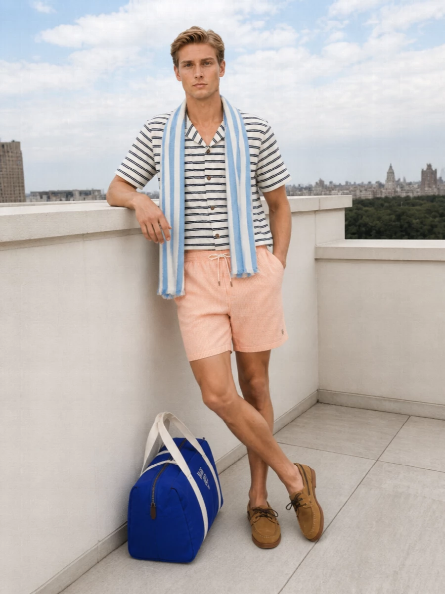 A striped camp shirt in off white and navy plays softly against the peach seersucker shorts for a clean, East Coast summer mood. Camel suede boat loafers keep it seaside but refined, while the royal blue duffle and a light striped scarf add considered colour that still feels relaxed for beach-to-terrace days.