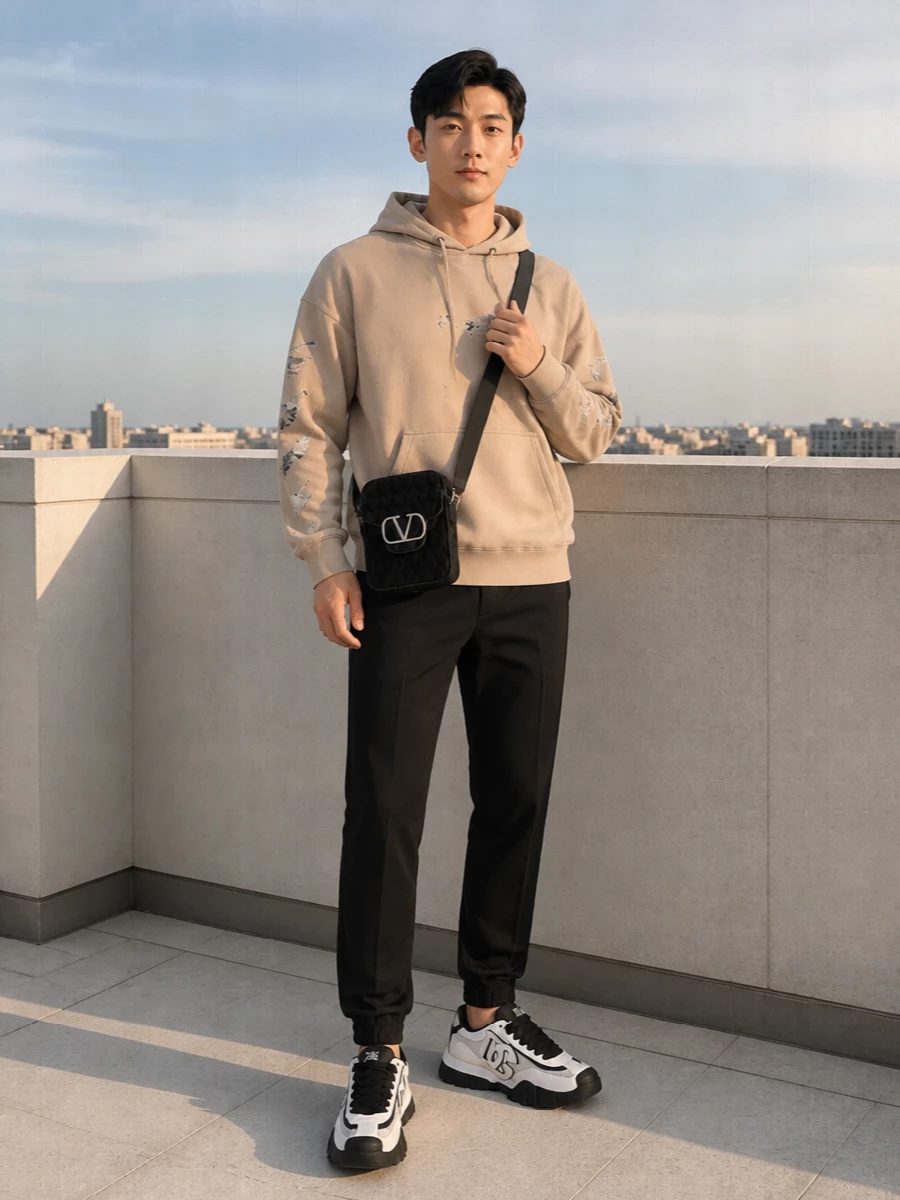 Graphic runners stay in focus against a warm beige hoodie and sharp black joggers, all sitting in a tight off-white and charcoal story. The mix of Off-White and Valentino keeps it street-led but quietly premium, with clean lines that are relaxed without feeling sloppy.
