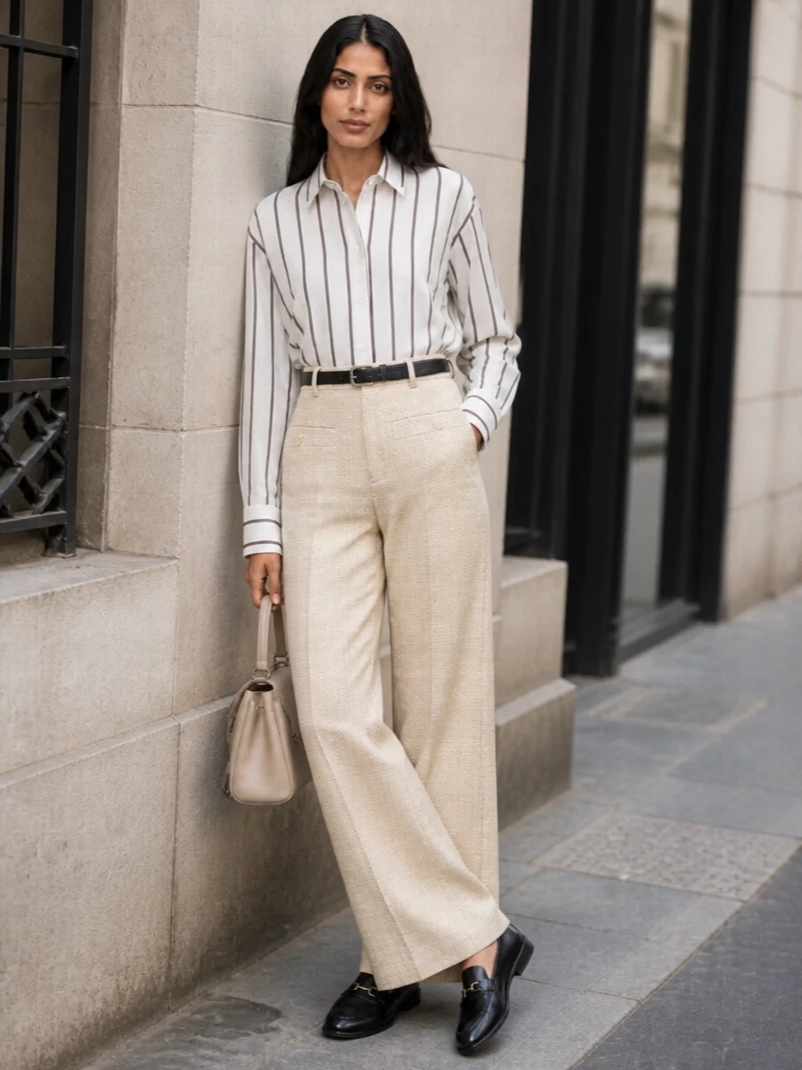 Gucci striped shirt wide leg trousers outfit