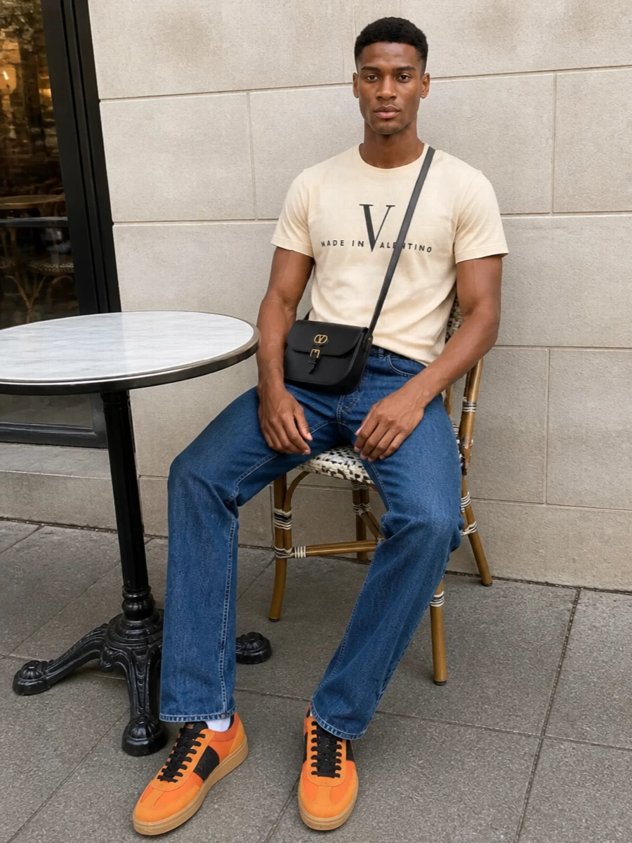 Valentino garavani orange sneakers denim outfit