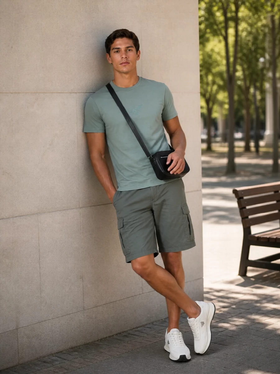 Olive cargo shorts meet a sage Armani tee for a tight, low-key colour story that still feels masculine and modern. Off-white runners keep it light on the foot and city ready, while a compact black crossbody adds just enough structure and everyday practicality. It is an easy off-duty combination for warm days when you want comfort with a bit of intent.