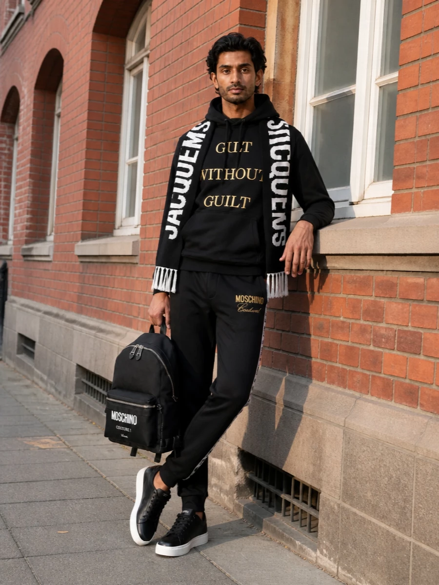 Moschino black hoodie track pants streetwear outfit