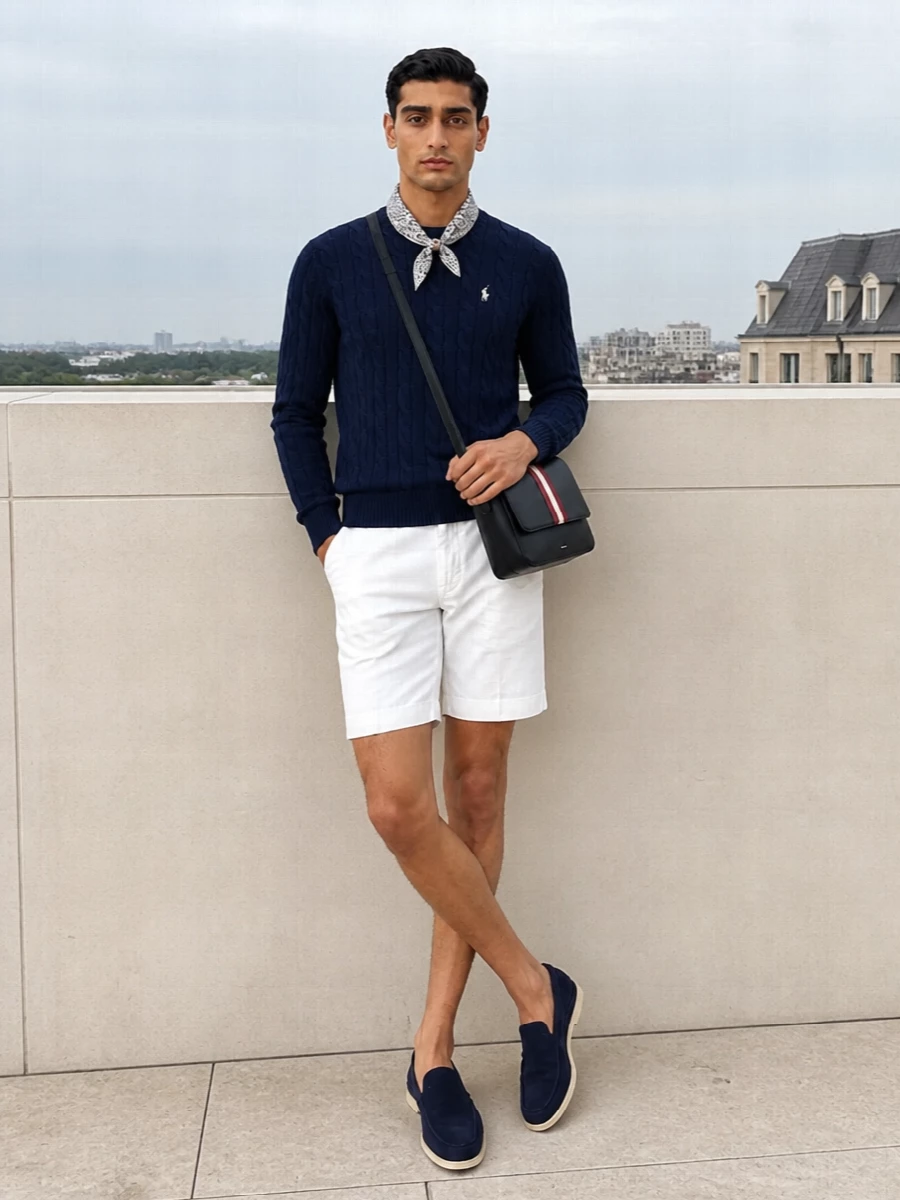 Polo ralph lauren navy sweater white shorts outfit