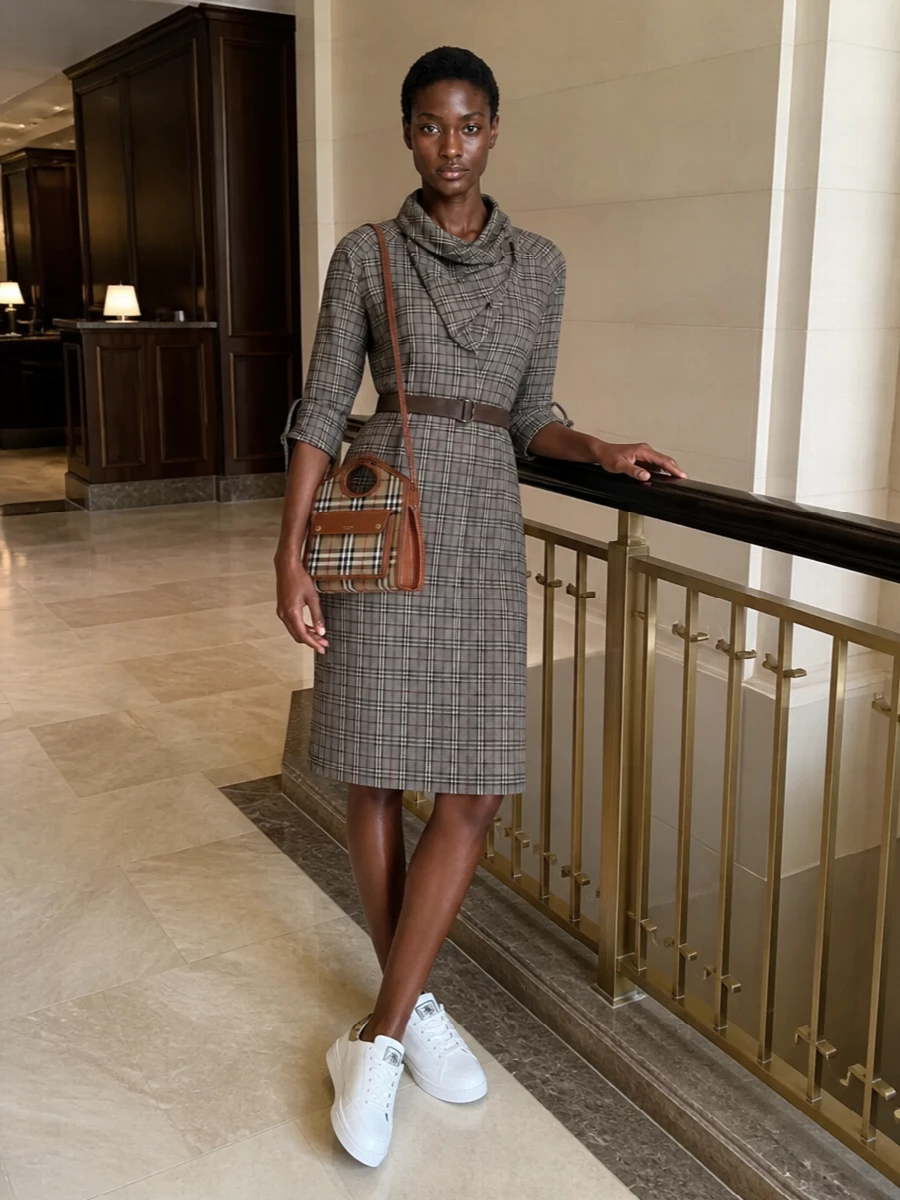 This is a sharply tailored Burberry day ensemble built around the belted check shirt dress and the structured camel-check crossbody, keeping all the focus on clean lines and heritage pattern. The columnar dress and medium top-handle bag share a taupe and camel story, so the white leather sneakers with a discreet check heel relax the mood without breaking the quietly polished, preppy feel. Choosing the dress route rather than separates keeps the check-on-check harmony controlled and refined around the bag’s strong pattern.