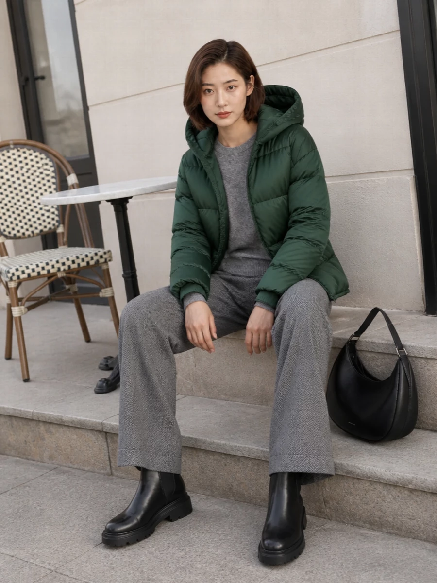 I am deliberately taking the top and trouser route rather than a dress, so the Weekend Max Mara puffer feels at home in a quietly polished, everyday winter city story. The grey knit and herringbone wide legs create a soft column under the forest green, grounded by sleek black leather accessories so the whole outfit reads minimal, practical and quietly refined rather than overtly sporty. It is an easy commuting uniform that can move from errands to dinner without changing anything but the lipstick.
