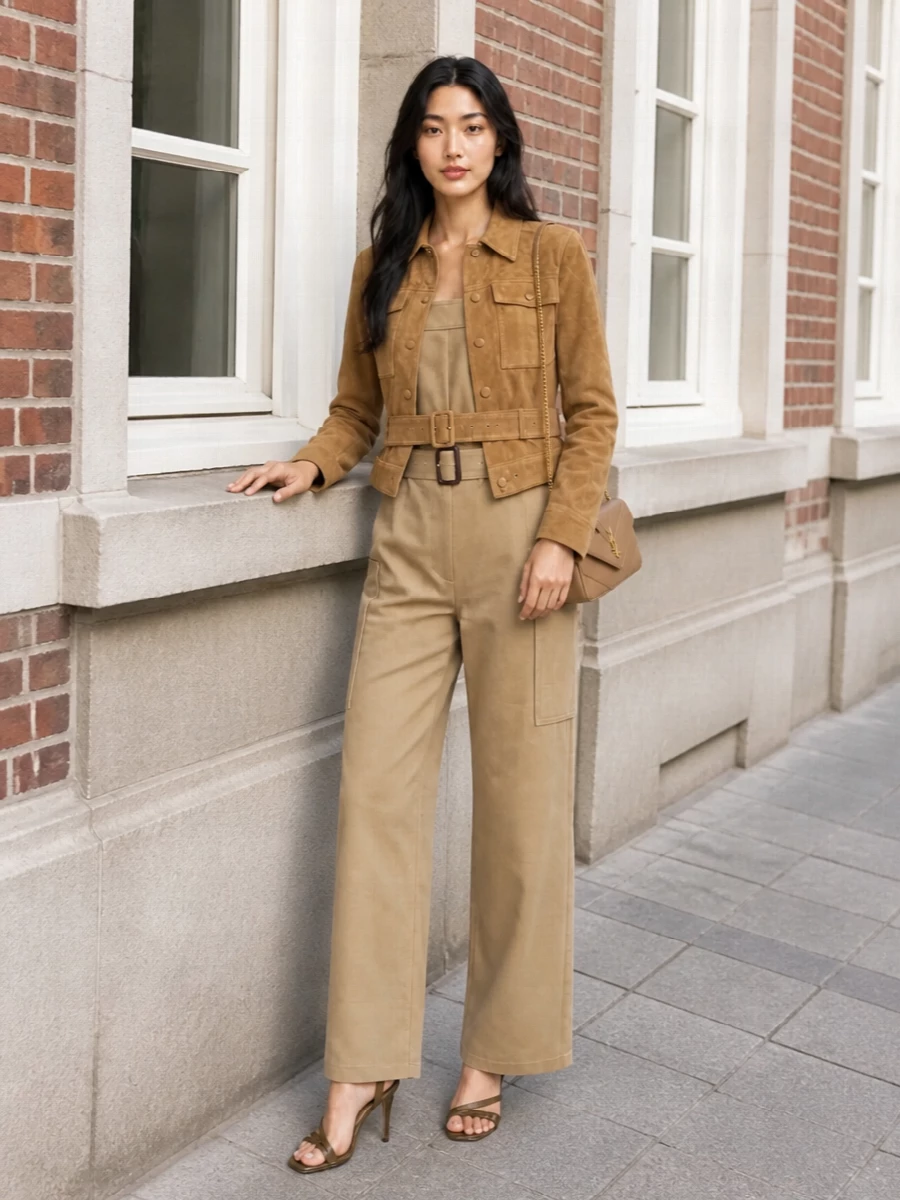 Saint laurent camel suede jacket utility jumpsuit