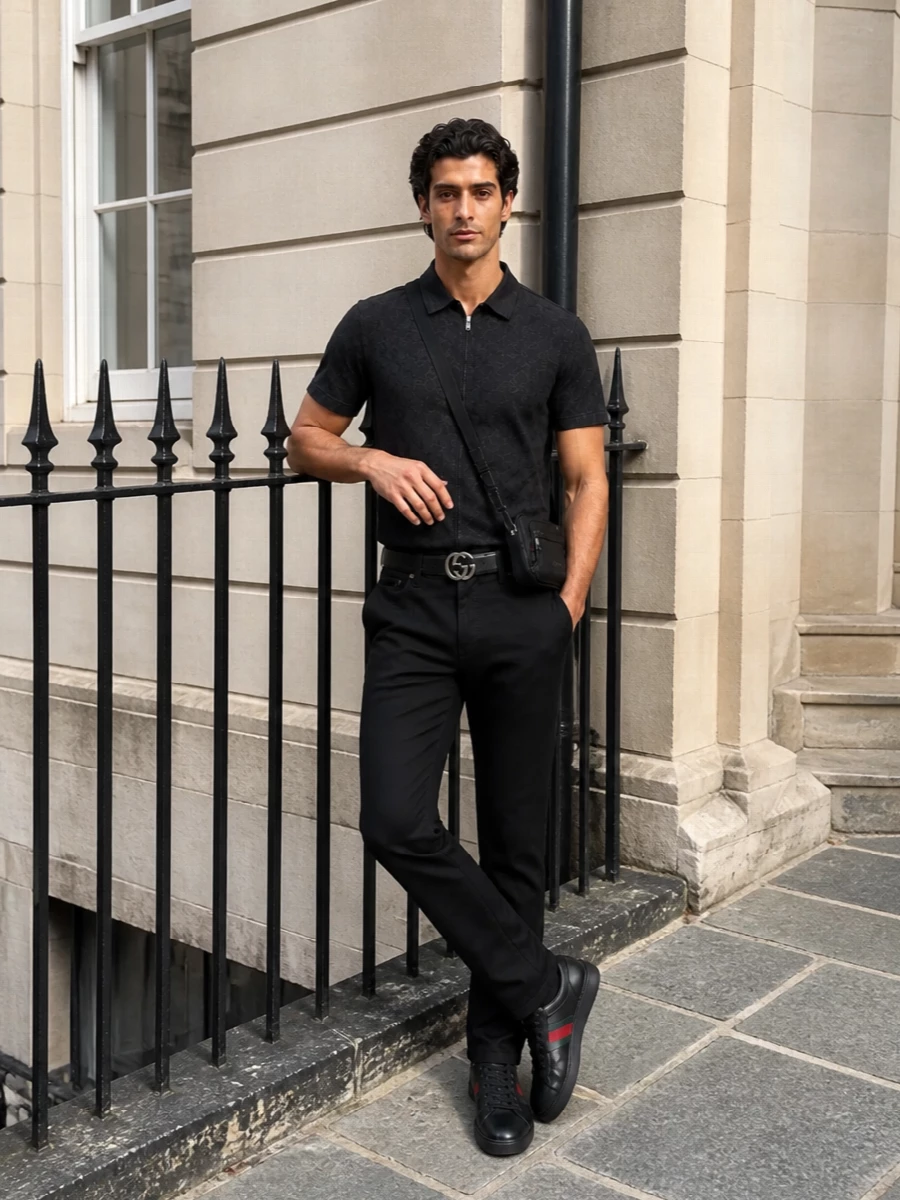 Gucci black gg shirt black trouser sneakers