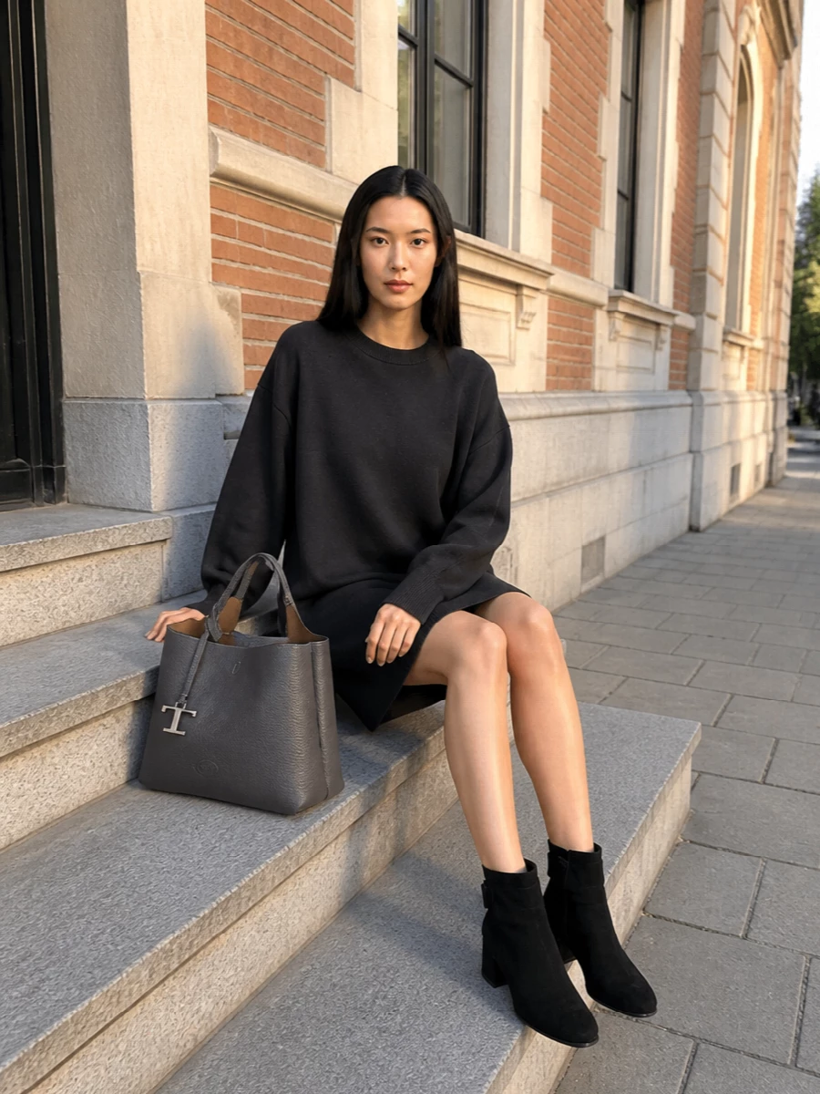 I’m taking the dress route here, because the Tom Ford sweater dress creates a single, elongated column that lets the Tod’s tote and refined boots do the talking. The charcoal knit, structured grey leather and black suede sit in the same quietly luxurious register, giving you a calm, monochrome FW outfit that works from day to dinner. It feels relaxed in fit but considered in finish, with the bag adding tailored sharpness against the soft volume of the dress and block-heel boots.