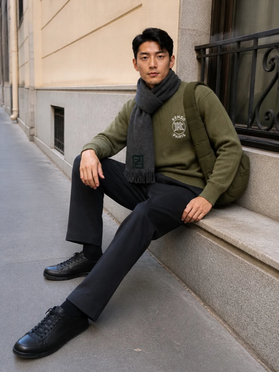 Kenzo olive sweater charcoal trousers fendi sneakers