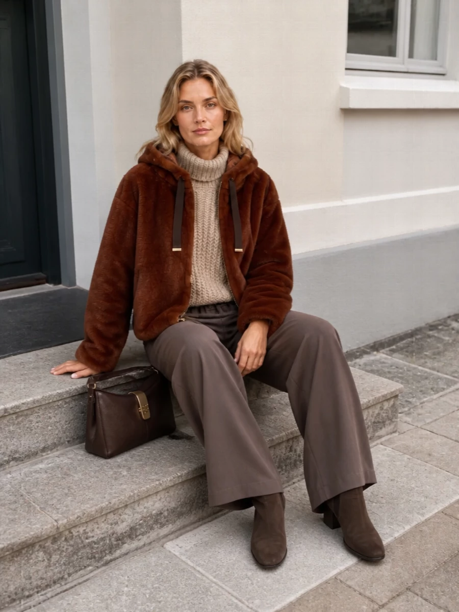 Herno faux fur jacket wide leg trousers outfit