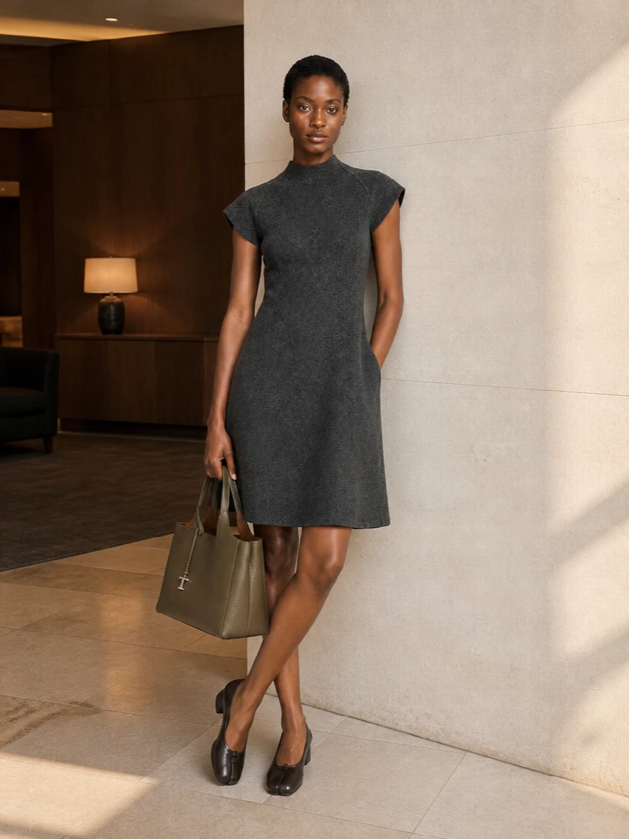A sculpted charcoal Jil Sander dress paired with the taupe Tod’s tote creates a precise, neutral column that feels quietly confident for city days that stretch into dinner. The dark brown Margiela tabi ballerina grounds everything with subtle character, keeping the mood polished but relaxed. Choosing the dress route over separates lets the bag act as the key structural accent while the silhouette stays clean and uncluttered.