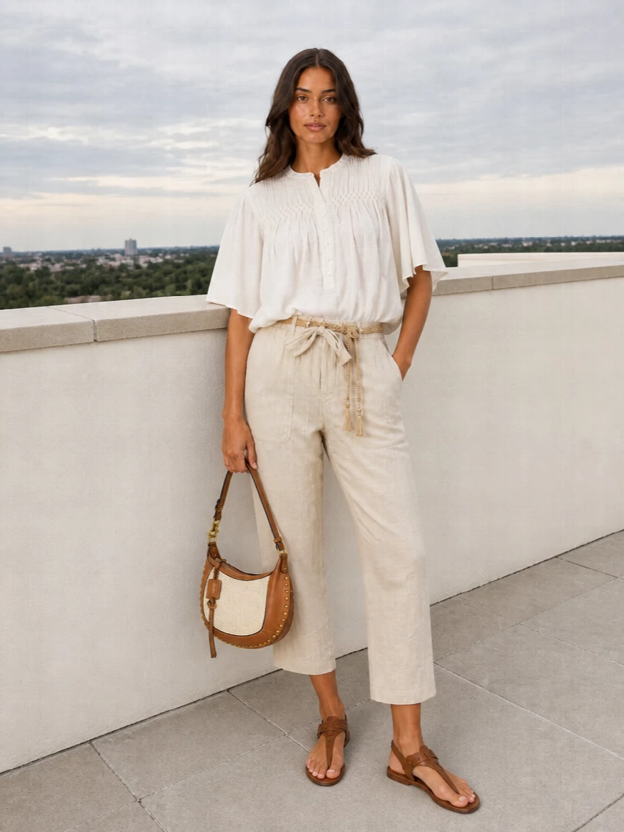Soft neutrals keep this outfit calm and sun-ready, with the cropped trouser and airy ivory blouse creating an easy, waist-focused line. Flat T-strap sandals and the woven crescent bag keep everything grounded in relaxed boho polish, while the braided rope belt adds just enough texture and definition without disturbing the lightness.