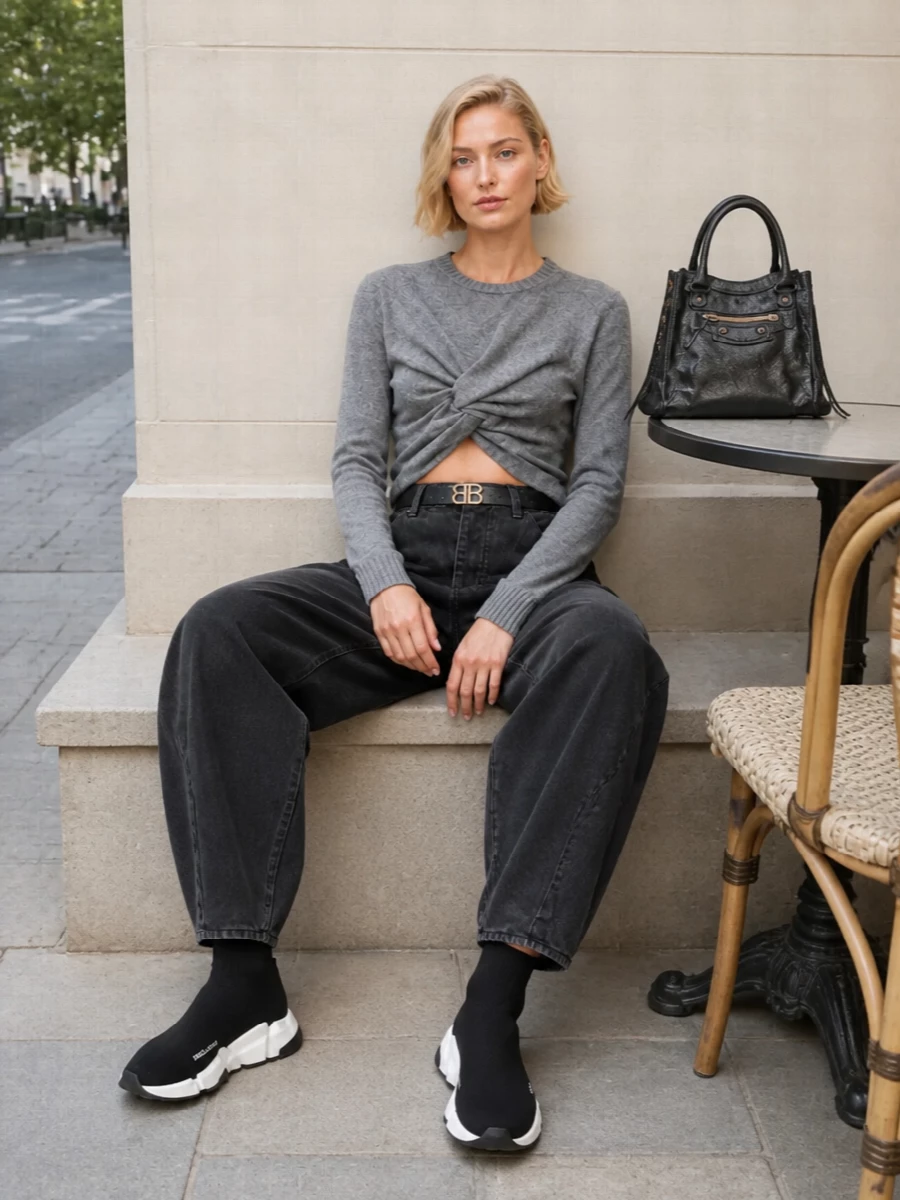 A twisted grey Balenciaga knit meets exaggerated balloon-leg denim for a monochrome, sculpted street silhouette that feels sharp but relaxed. The high-rise volume grounds the cropped, cut-out waist, while minimal black and white sock sneakers keep the line fast and graphic. A compact top-handle bag and slim BB belt finish it with just enough structure and hardware for city days that drift into late nights.