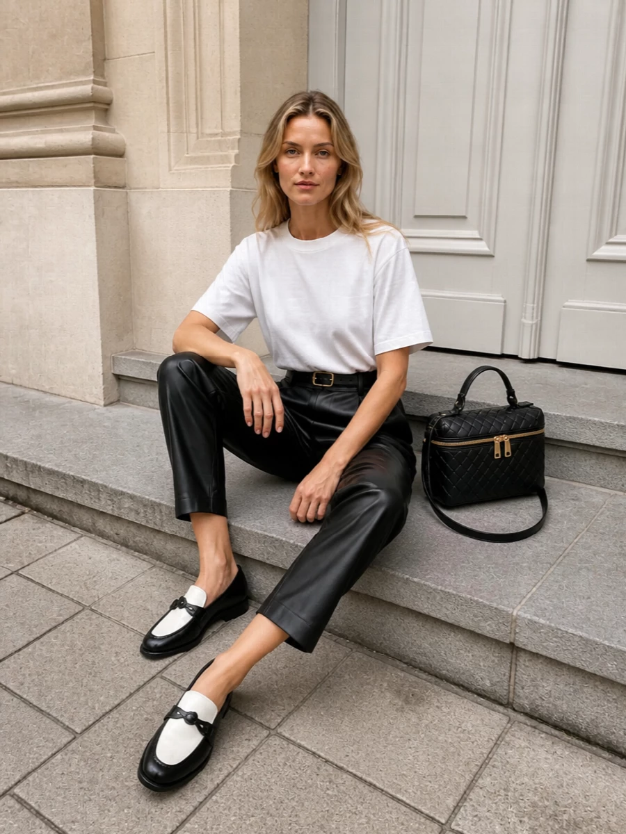 Bottega veneta black trousers white tee outfit