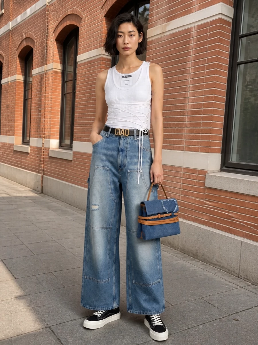 Moschino wide leg jeans corset tank outfit